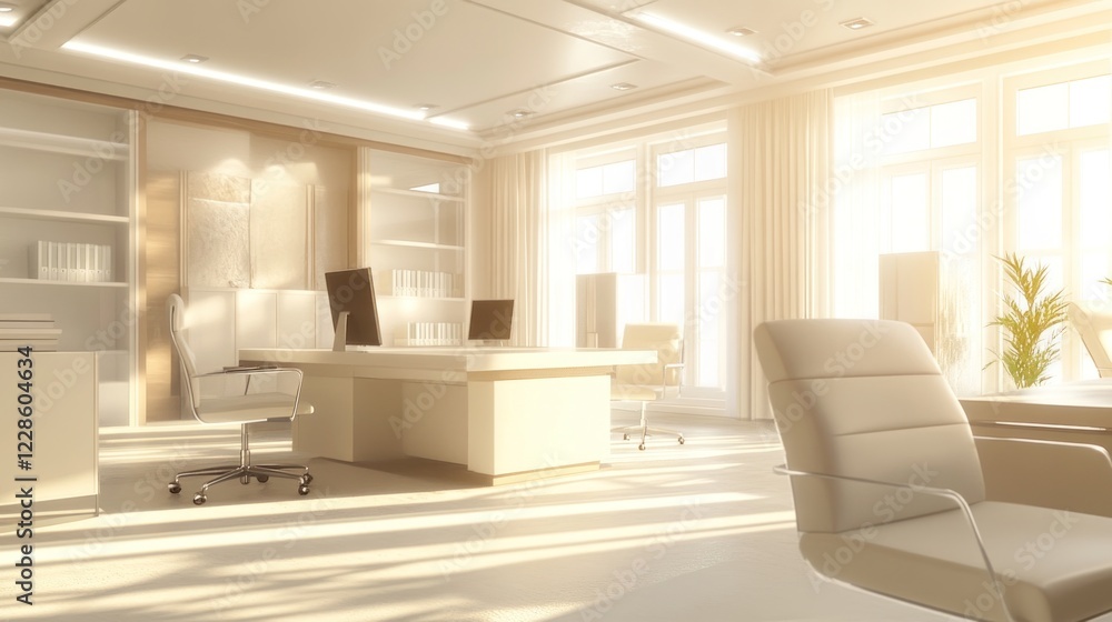 Fototapeta premium Bright Office Interior with Desks Chairs and Windows in a modern and clean style