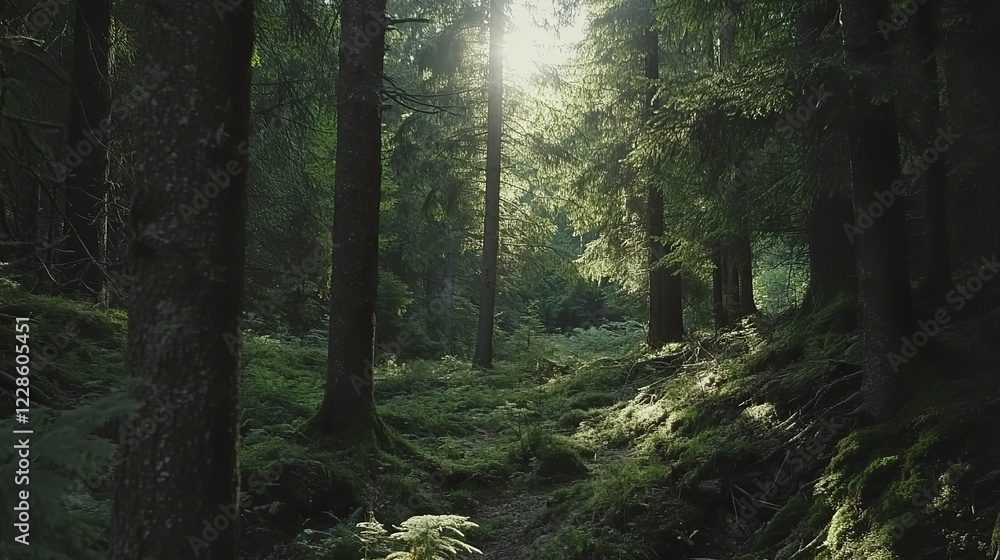 Fototapeta premium Tranquil forest of towering spruce, fir, and pine trees bathed in soft sunlight, evoking a serene connection with nature.