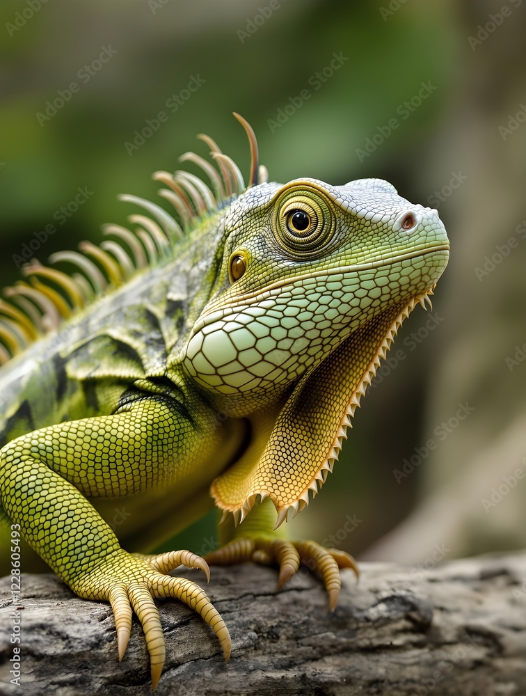 A close-up photo of a green iguana on a branch A close-up photo of a green iguana on a branch