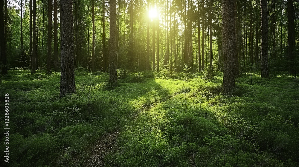 Fototapeta premium Tranquil forest of towering spruce, fir, and pine trees bathed in soft sunlight, evoking a serene connection with nature.