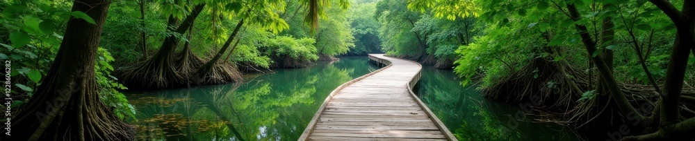 Elevated boardwalk winds through lush mangrove swamp , serenity, trees Elevated boardwalk winds through lush mangrove swamp , serenity, trees