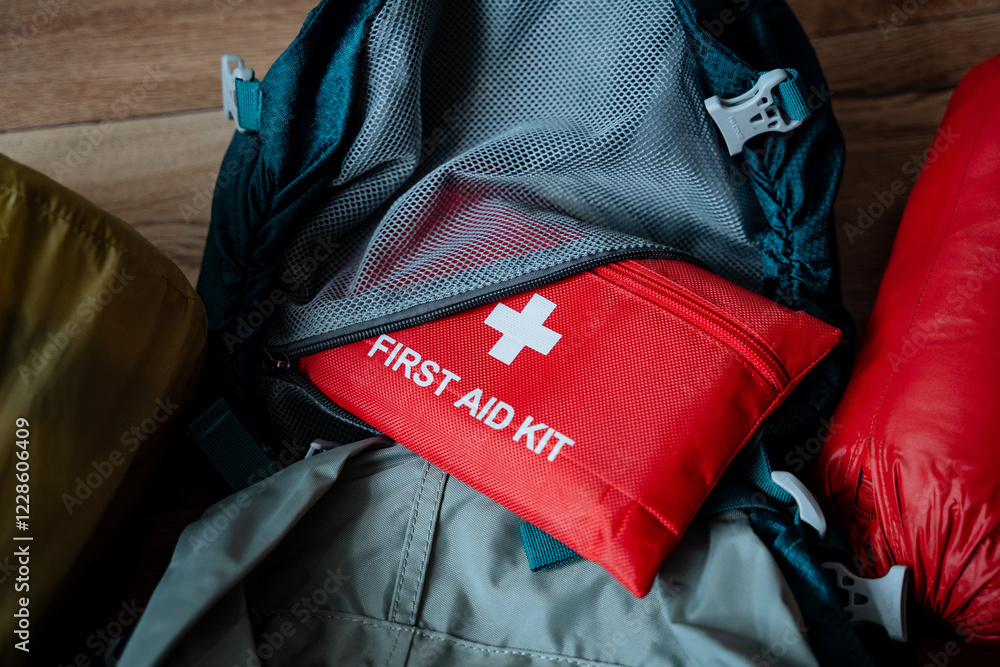 Naklejka premium A wellequipped first aid kit is conveniently placed on top of a sturdy backpack, ready to provide medical assistance if needed during your travels or outdoor adventures
