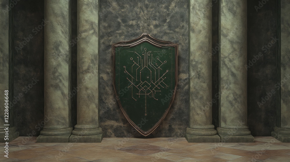 Engraved Metal Shield on Wall Surrounded by Columns in Interior Space Engraved Metal Shield on Wall Surrounded by Columns in Interior Space