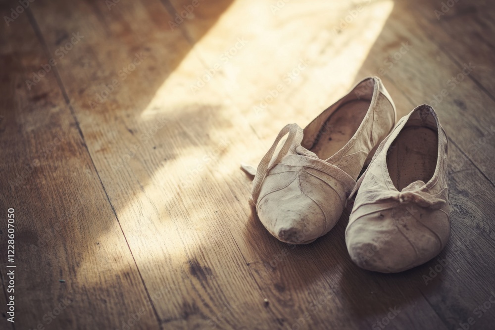 Worn ballet shoes on wooden floor with diagonal composition composition and dusty sunbeams on texture focus Worn ballet shoes on wooden floor with diagonal composition composition and dusty sunbeams on texture focus