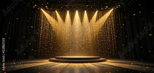 Elegant golden stage with spotlights and shimmering curtains, perfect for award ceremonies, luxury events, or grand performances.