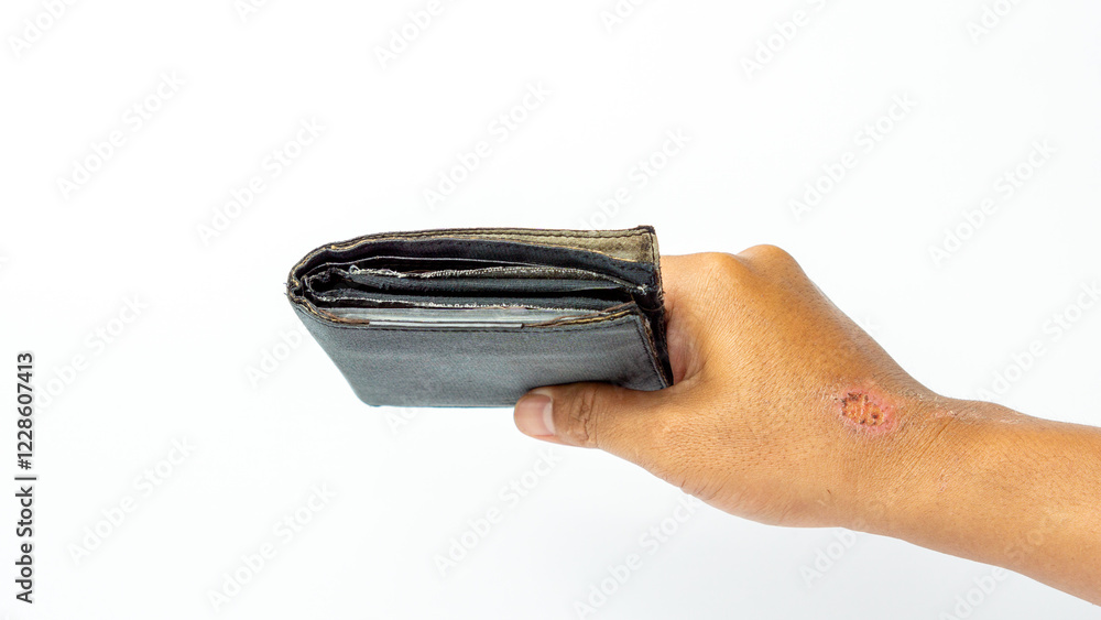 A tanned hand holding an ugly and broken wallet on a white background A tanned hand holding an ugly and broken wallet on a white background