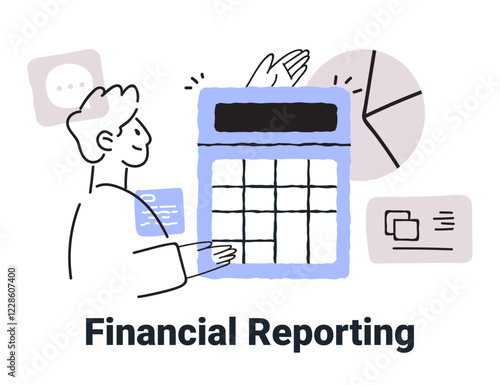 Financial reporting concept with person calculator charts data analysis minimalist hand drawn style