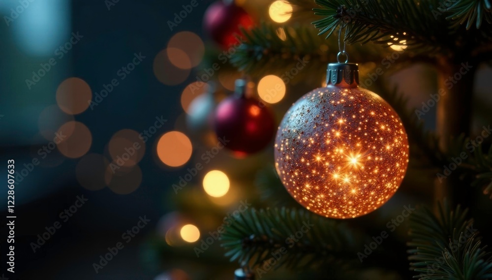 Sparkling light garland ball on a decorated Christmas tree, stars, holiday Sparkling light garland ball on a decorated Christmas tree, stars, holiday