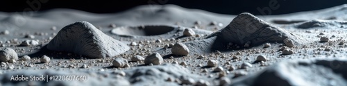 Close-up of grey lunar rubble, impact craters visible, impact craters, moon rocks