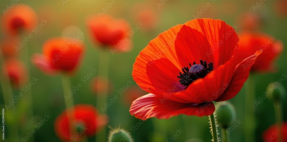Close-up of vibrant red poppy flowers and seed pods , wild, countryside Close-up of vibrant red poppy flowers and seed pods , wild, countryside