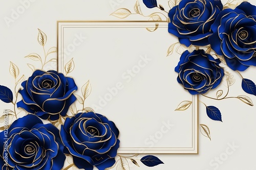 A luxurious wedding invitation template featuring deep royal blue roses with golden outlines, arranged in an artistic floral frame. 