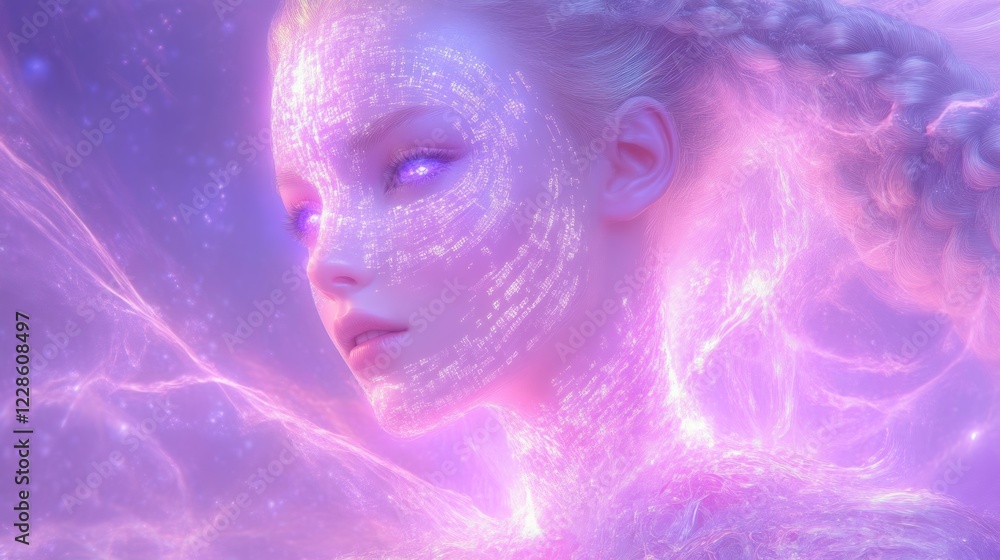 Ethereal Woman in Regal High Collared Gown with Glowing Features Ethereal Woman in Regal High Collared Gown with Glowing Features
