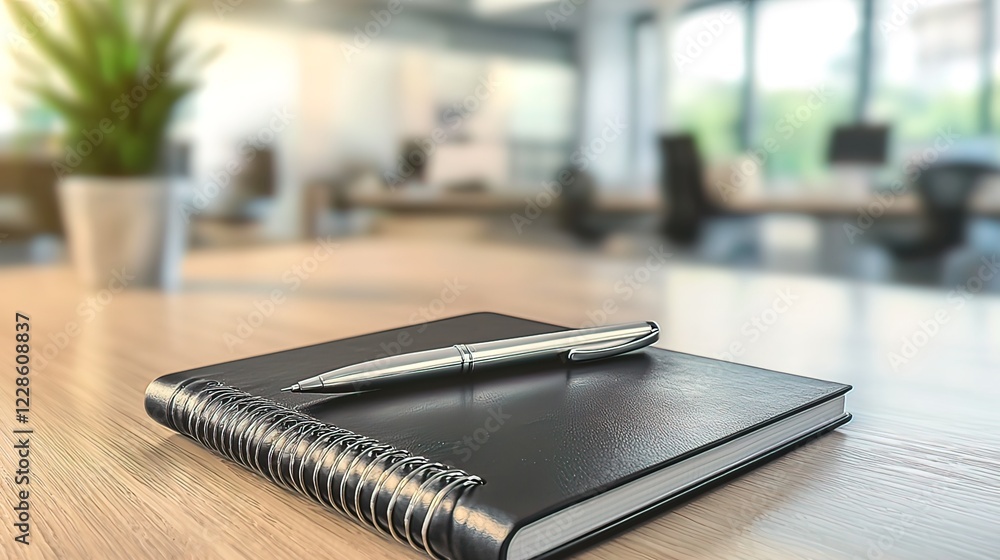 Close-up of a spiral notebook and pen on a desk in a modern office. Close-up of a spiral notebook and pen on a desk in a modern office.