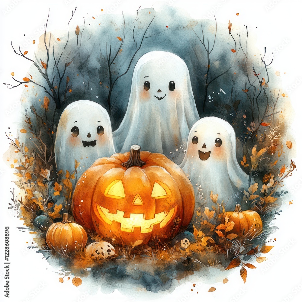 Obraz premium Whimsical Halloween Wreath Watercolor Illustration with Ghosts Pumpkins Skulls Leaves for Party Decoration Cards