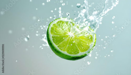 A dynamic composition of green lime slices and water splashes frozen in time, symbolizing vitality and natural refreshment