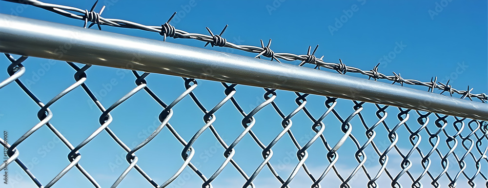 Chain link fence, barbed wire, outdoors, blue sky, security Chain link fence, barbed wire, outdoors, blue sky, security