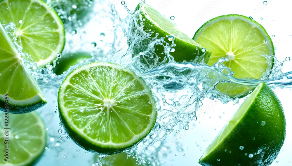 A dynamic composition of green lime slices and water splashes frozen in time, symbolizing vitality and natural refreshment A dynamic composition of green lime slices and water splashes frozen in time, symbolizing vitality and natural refreshment