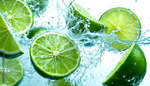 A dynamic composition of green lime slices and water splashes frozen in time, symbolizing vitality and natural refreshment
