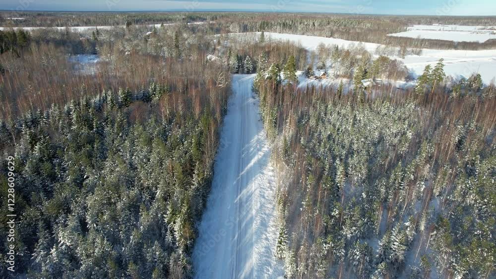 Aerial view of a serene winter countryside featuring snow-covered trees, wooden houses, and a winding road through a frosty forest.