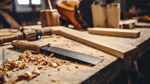 Scene of a woodworking setup. Featuring wood pieces, saws, and a completed project. Highlighting the craft of woodworking. Ideal for DIY and craft blogs. photo