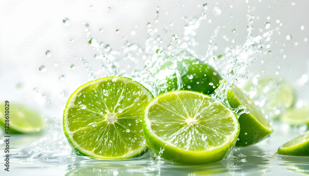 A dynamic composition of green lime slices and water splashes frozen in time, symbolizing vitality and natural refreshment A dynamic composition of green lime slices and water splashes frozen in time, symbolizing vitality and natural refreshment