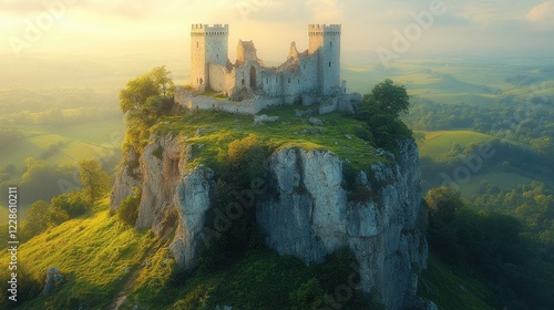 Fototapeta Naklejka Na Ścianę i Meble -  Aerial View of Medieval Castle Ruins on Lush Green Mountain in Poland