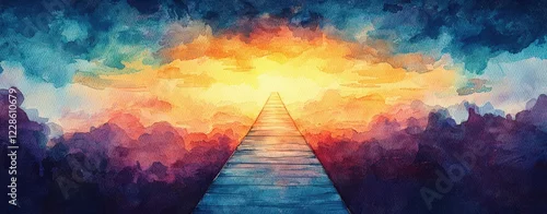 Panel kuchenny z motywem Dreamy Watercolor Pathway through Colorful Clouds at Sunset with Vibrant Colors and Light Effects
