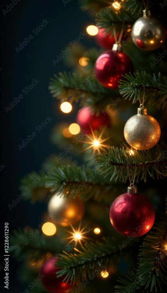 Fototapeta premium Sparkling light garland balls on a decorated fir tree, decoration, holiday