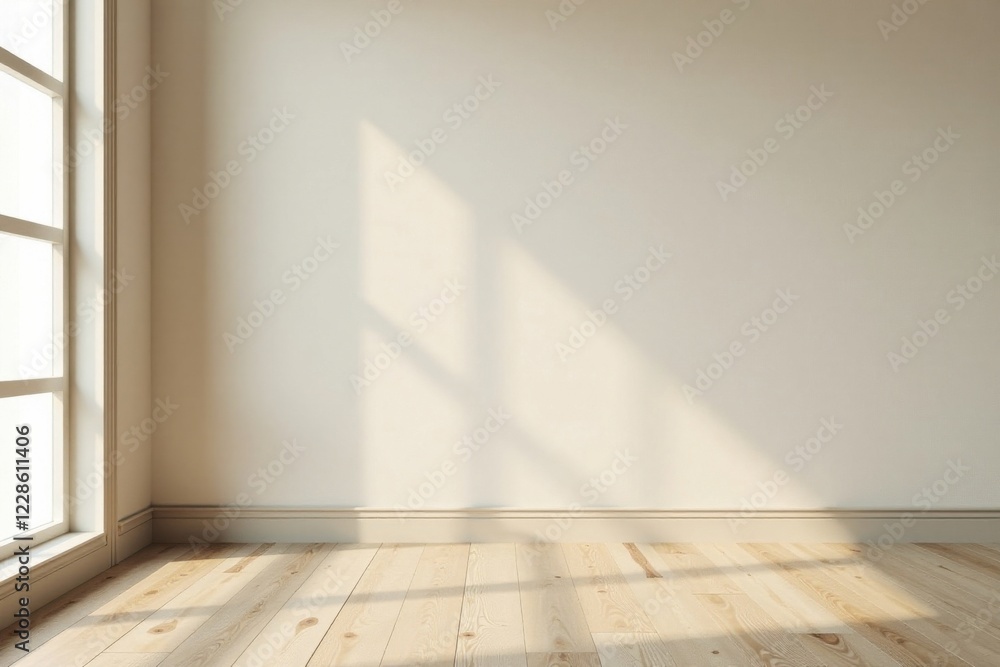 Empty Room Corner with Sunlight Streaming Through Window and Light Wooden Floor Empty Room Corner with Sunlight Streaming Through Window and Light Wooden Floor