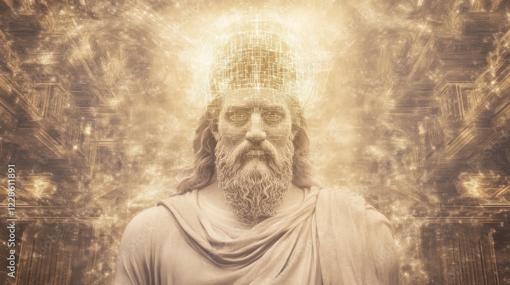 Fototapeta premium Detailed Bust of a Robed Philosopher Surrounded by Mystical Light