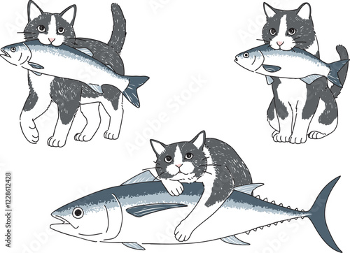 魚と猫の手書きイラストセット