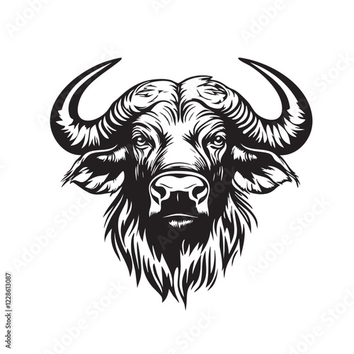 Illustration vector of an African buffalo head with large curved horns. Bold, fierce, and tribal-style design, ideal for logos and prints. Wildlife Animals