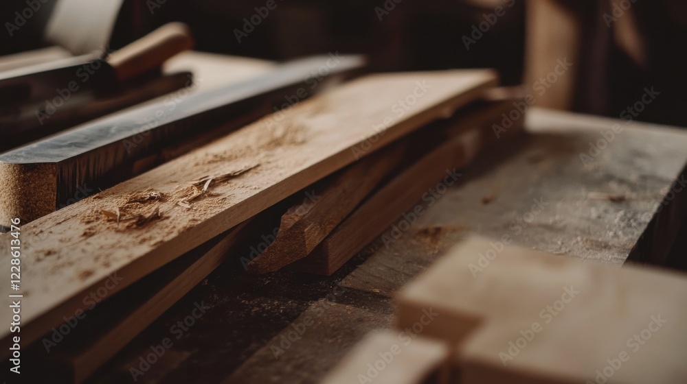 Scene of a woodworking setup. Featuring wood pieces, saws, and a completed project. Highlighting the craft of woodworking. Ideal for DIY and craft blogs. Scene of a woodworking setup. Featuring wood pieces, saws, and a completed project. Highlighting the craft of woodworking. Ideal for DIY and craft blogs.