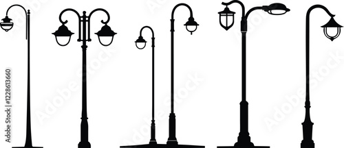 Vintage Street Lamp Silhouette vector collection on white background.