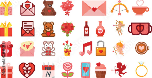 Vector Set of pixel art Valentine's Day icons featuring love-themed elements such as hearts, gifts, teddy bears, cupid, roses, love letters, rings, and romantic symbols. Perfect for festive designs.