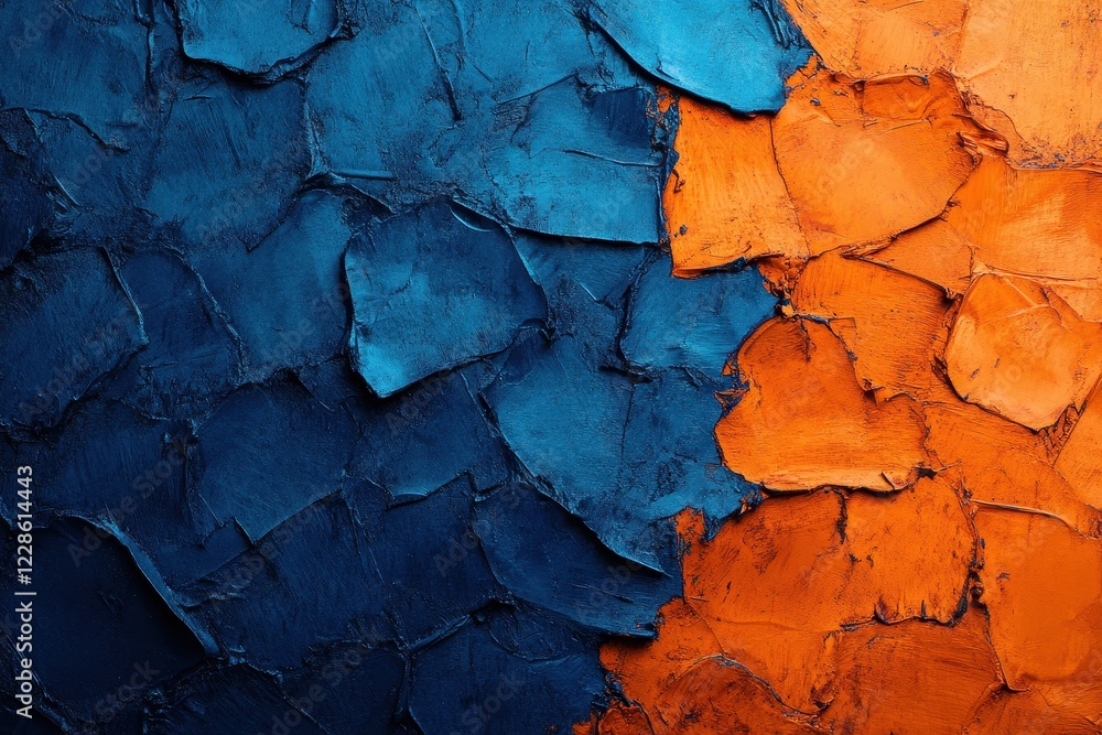 Naklejka premium Vibrant blue and orange paint texture, thick, impasto style. Ideal for backgrounds, art projects, or adding a textured feel to designs.