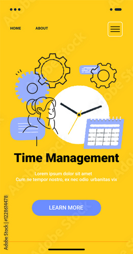 Time management concept with gears clock woman calendar minimalist doodle style yellow background web design template