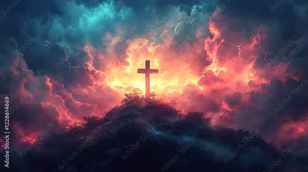 A hilltop cross silhouetted by the last light of day, storm clouds gathering in dramatic swirls above, occasional lightning strikes adding to the tension, hyperrealistic lighting and shadows, A hilltop cross silhouetted by the last light of day, storm clouds gathering in dramatic swirls above, occasional lightning strikes adding to the tension, hyperrealistic lighting and shadows,