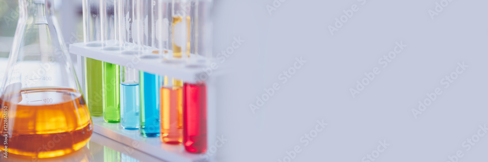 Banner Science chemistry glass tubes object on lab background. Wide Liquid tube biology laboratory chemical fluid scientist object medical glass tubes. Chemistry scientific background with Copy Space