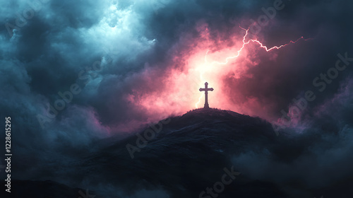 Wallpaper Mural A lightning strike illuminating a lone cross on a hill, the scene charged with energy, the storm clouds swirling dramatically above, cinematic depth, ultra-realistic lighting and textures0, Torontodigital.ca