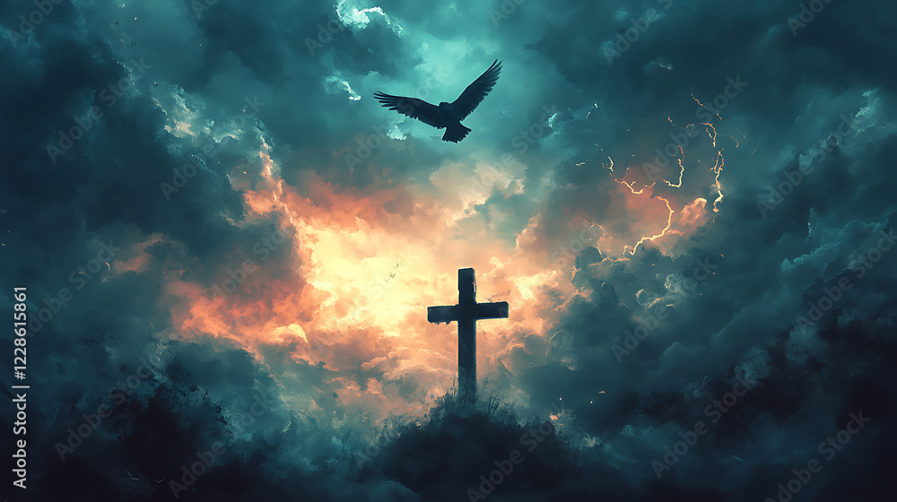 Fototapeta premium A lone bird flying near a cross under a sky filled with swirling storm clouds, occasional lightning strikes highlighting the scene, the mood reflective and powerful, cinematic and hyperrealistic0,