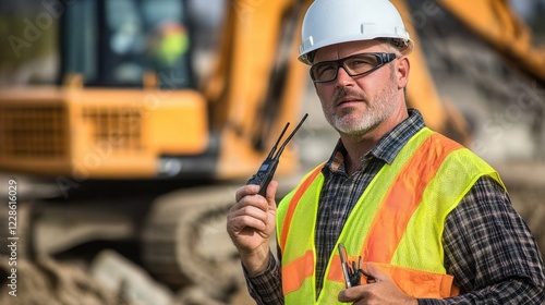 A detailed view of a construction foreman in a hard hat and safety vest, holding a walkie-talkie and looking at the camera, with heavy machinery in the background