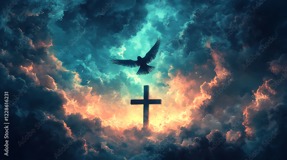 Naklejka premium A lone bird in flight above a cross, the storm clouds dense and dark with streaks of light breaking through, the mood somber and reflective, cinematic depth, ultra-realistic tones0,