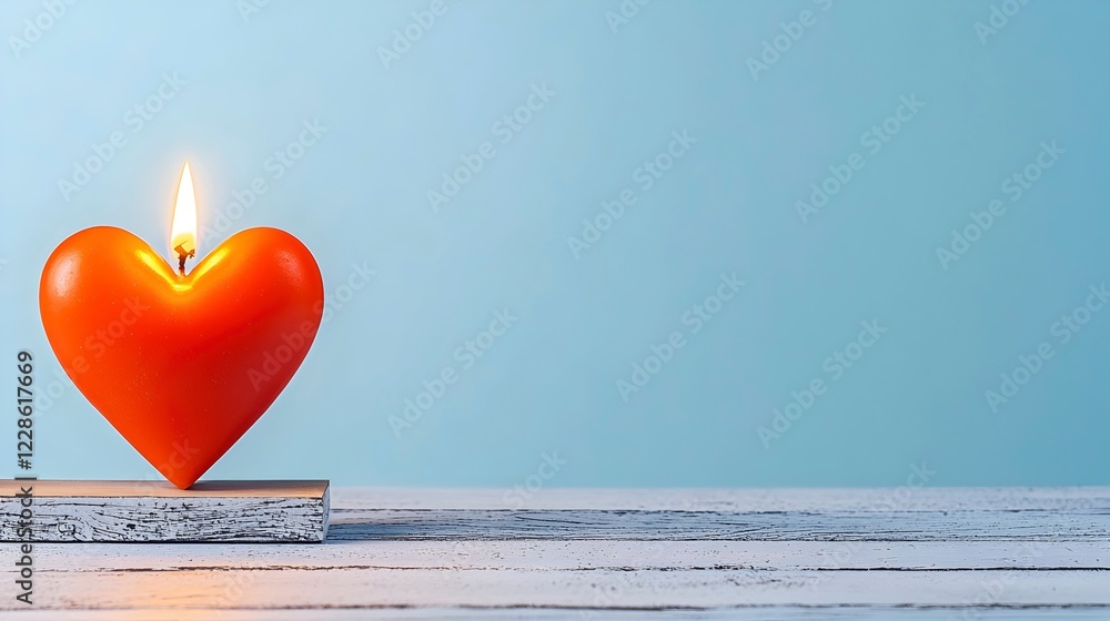 Fototapeta premium Warm Heart Candle Glowing on Wooden Table with Blue Background
