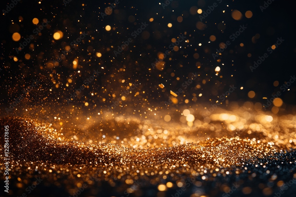 Naklejka premium Dynamic Golden Confetti Falling on Black Background High-Speed Photography