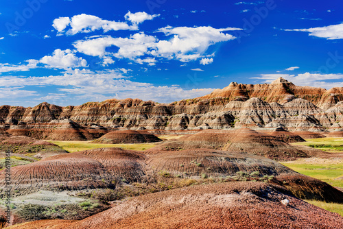 Rugged multi color plains, mountains and valleys of Badlands National Park near Wall, South Dakota photo