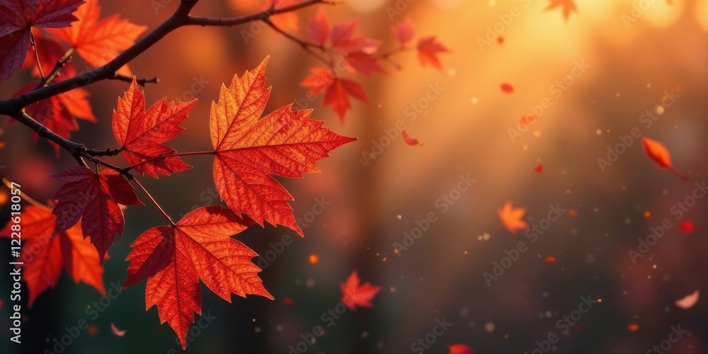 Autumnal foliage, vibrant red leaves on a branch, gently swaying in a soft golden sunset light, with falling leaves adding to the serene autumnal scene.