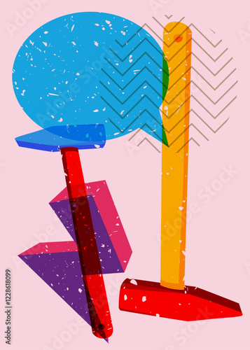 Risograph Hammer with speech bubble with geometric shapes. Objects in trendy riso graph print texture style design with geometry elements.