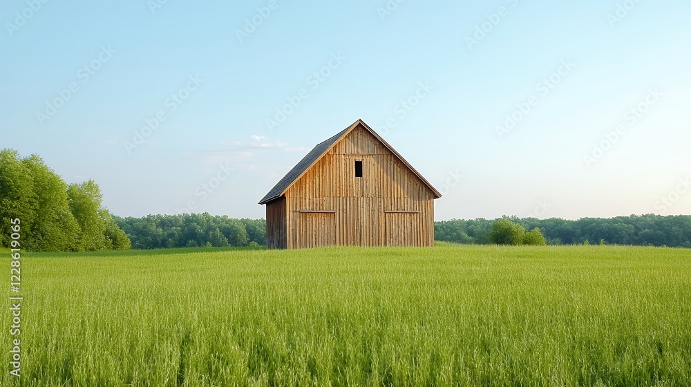 Rustic Barn in a Verdant Field Under a Clear Sky Rustic Barn in a Verdant Field Under a Clear Sky