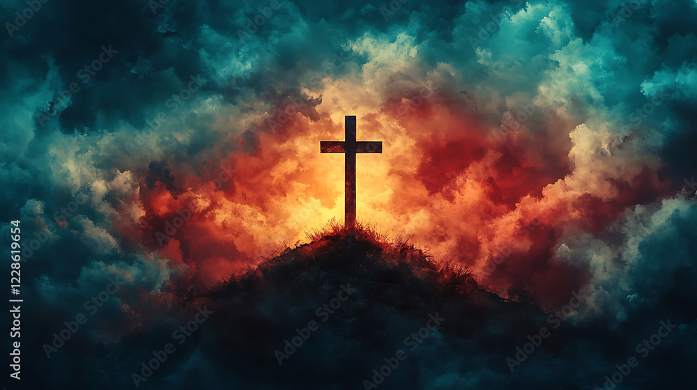 Fototapeta premium A single cross on a hill silhouetted against an ominous sky, thunderclouds rolling in with faint rays of light breaking through, the scene soaked in dramatic tones, cinematic realism,